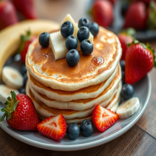 highly detailed close-up of fluffy pancakes stacked on a plate, topped with butter, blueberries, and surrounded by fresh strawberries and banana slices, natural soft lighting, aperture f/2.8, shutter speed 1/100, ISO 200, DSLR camera, shallow depth of field