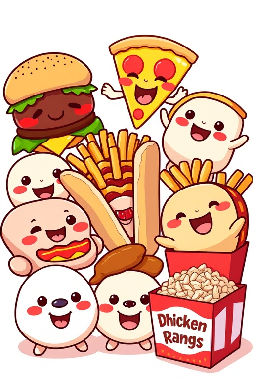 Create a colorful, high-resolution digital illustration of cute cartoon food characters including a smiling burger, a playful slice of pizza, happy tacos, cheerful French fries, joyful chicken wings, a friendly hot dog, adorable dumplings, and a delightful box of fried rice, with a soft-focus background, using digital art software, emulate a cartoon style, and ensure vibrant colors and crisp lines for each character.