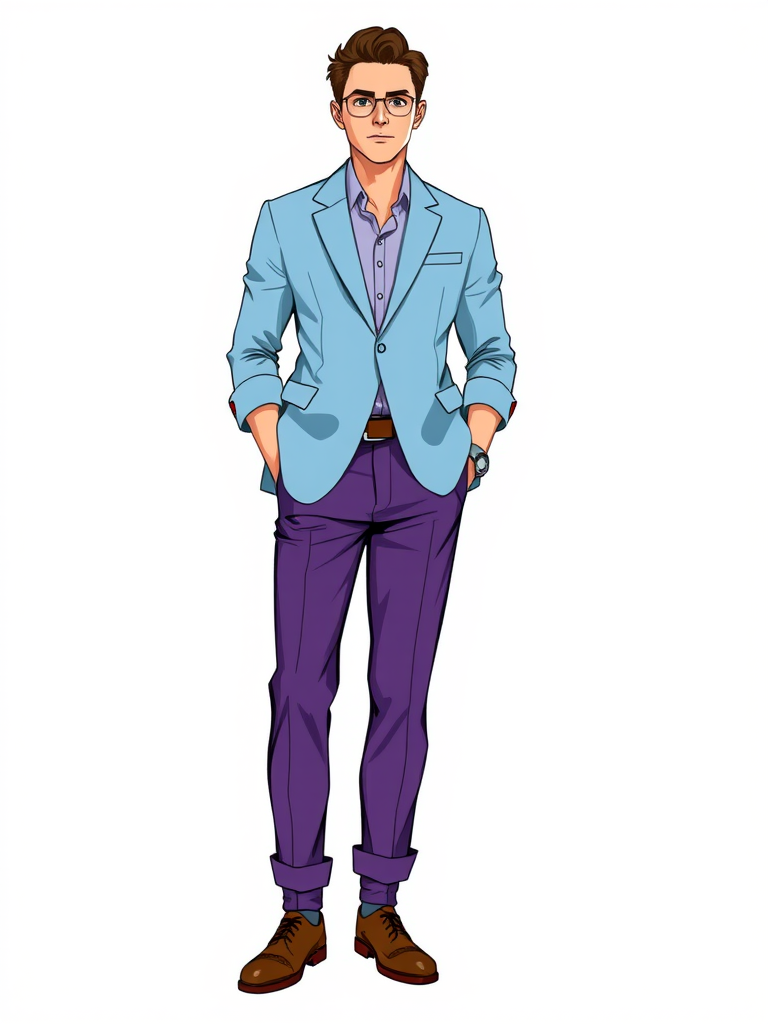 Generate a high-resolution illustration of a person standing confidently in a light blue blazer and purple trousers with rolled cuffs and brown shoes, using a Canon EOS R5 with a 50mm f/1.2 lens, f/2.8 aperture, ISO 100, and a clean white background to enhance the subject clarity and color vibrancy.