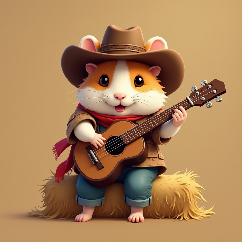 A chibi hamster, dressed as a cowboy, playing guitar, sitting on a hay bale