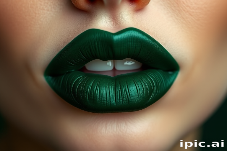 Deep forest green lips with a velvet matte finish, "Evergreen Empress" offers a rich, nature-inspired hue with a soft, velvety texture for a regal look