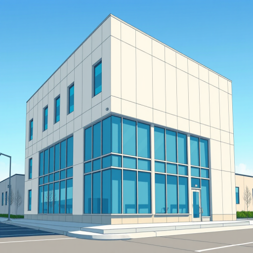 Create a detailed illustration of a modern office building with a minimalist design, featuring a flat roof and large windows reflecting a blue sky, shot from a slightly elevated angle, using a DSLR camera with a 50mm lens, aperture set to f/8 for depth of field, ISO 100 for clarity, and natural lighting to enhance colors and shadows.