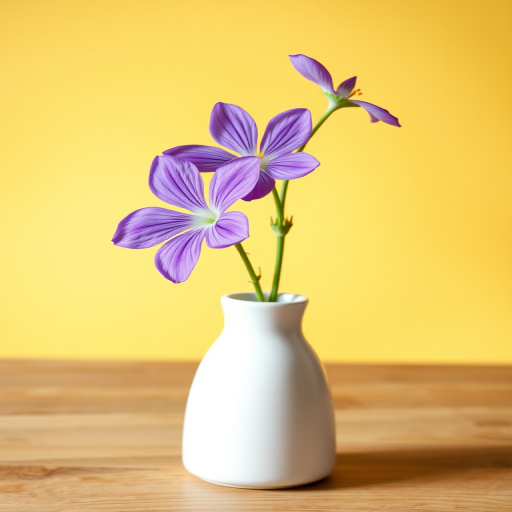 Capture a close-up of a single purple flower in a white vase on a wooden table with a soft yellow background, using a DSLR camera, 50mm lens, f/3.2 aperture, ISO 100, 1/200s shutter speed, natural lighting for enhanced clarity and detail.