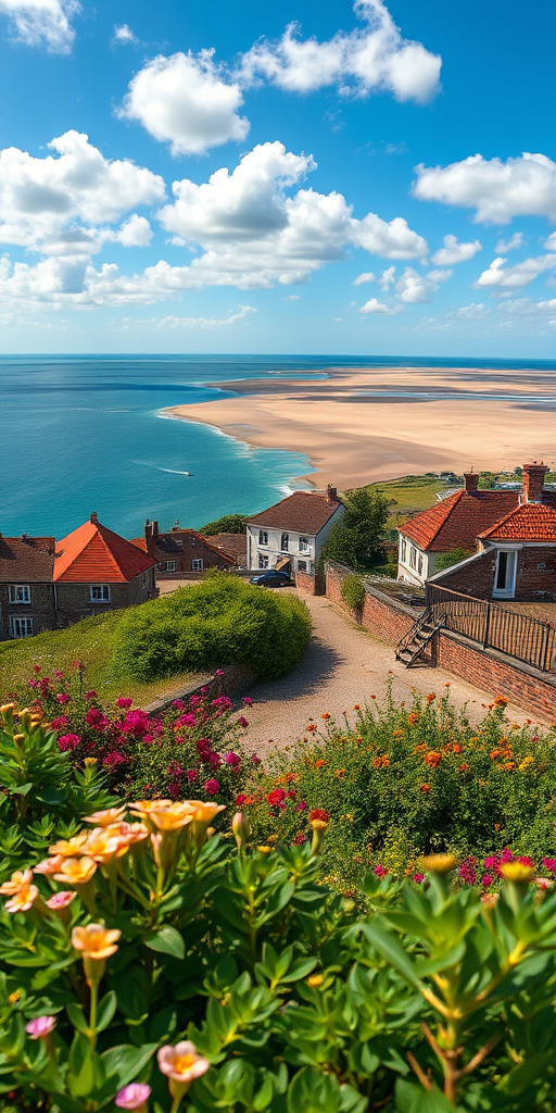 Generate a high-resolution landscape image of a coastal view with a foreground of green plants and flowers, capturing rooftops of a quaint village, a wide sandy estuary stretching to the horizon under a vibrant blue sky with scattered clouds, using a Canon EOS 5D Mark IV with a 24mm f/1.4 lens, aperture f/8, ISO 100, in natural daylight.