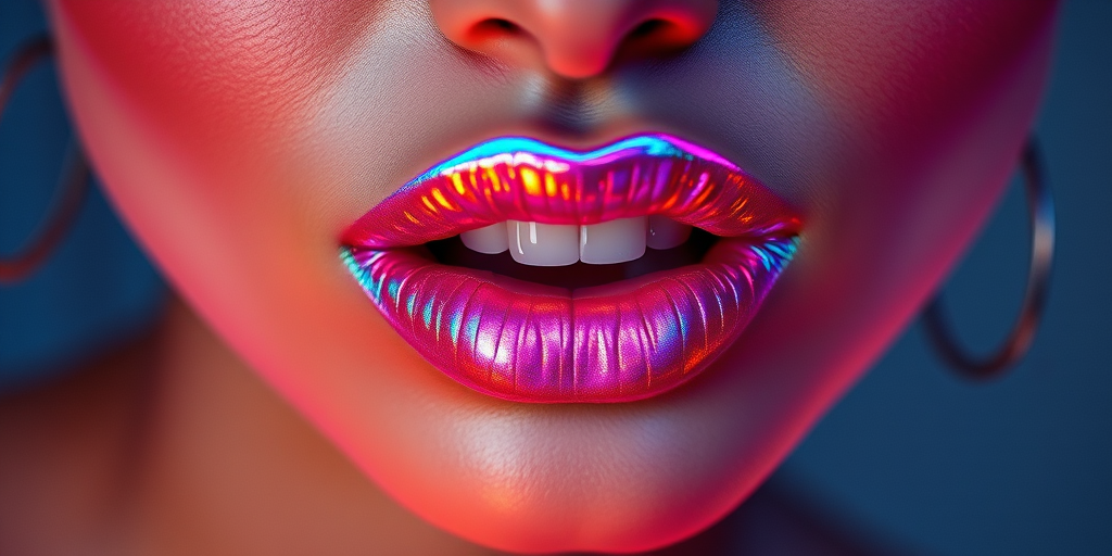 Holographic iridescent woman lips shifting colors in the light, showcasing futuristic and innovative makeup artistry