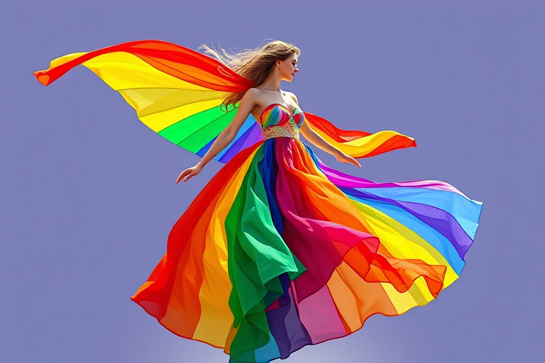 Create a colorful illustration of a woman in a flowing rainbow dress, captured with a high-resolution digital camera at f/8 aperture, 50mm lens, 1/200 sec shutter speed, in natural light, with a vibrant, artistic style.