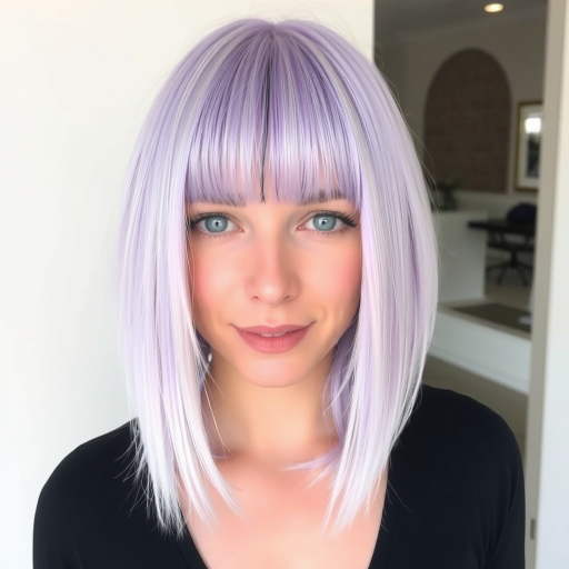 Serene photograph showcasing Lavender Frost locks, a pale purple base with icy white highlights, styled in a sleek, chin-length bob with blunt bangs