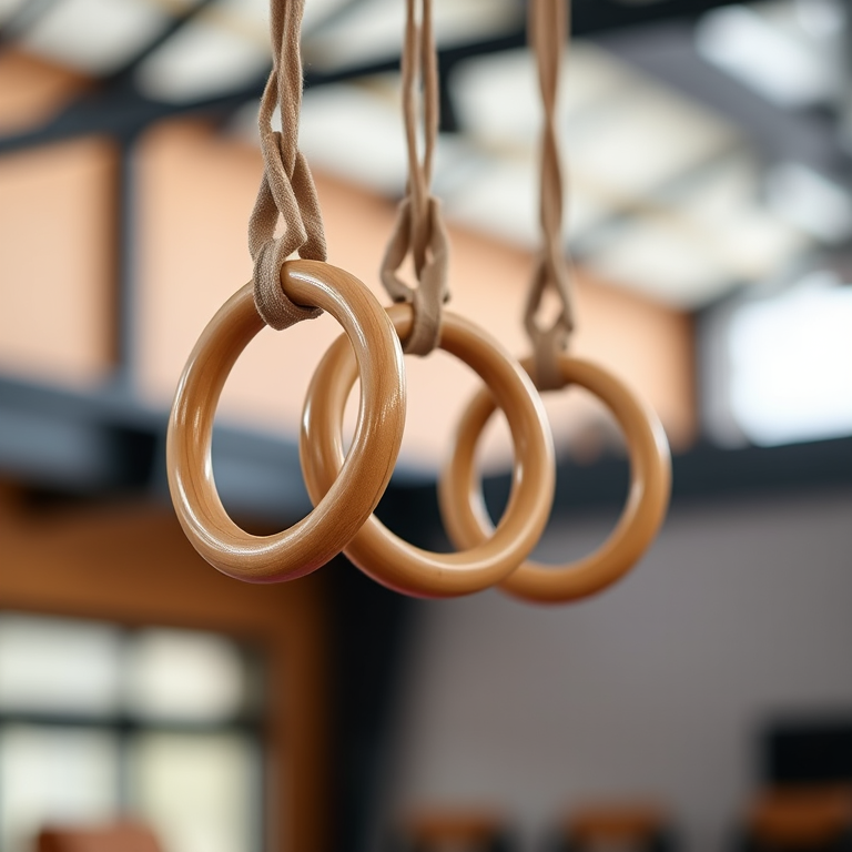 Photograph wooden gymnastic rings hanging indoors, shallow depth of field, focus on the rings, soft bokeh background, DSLR camera, aperture f/2.8, shutter speed 1/200s, ISO 400, natural lighting.
