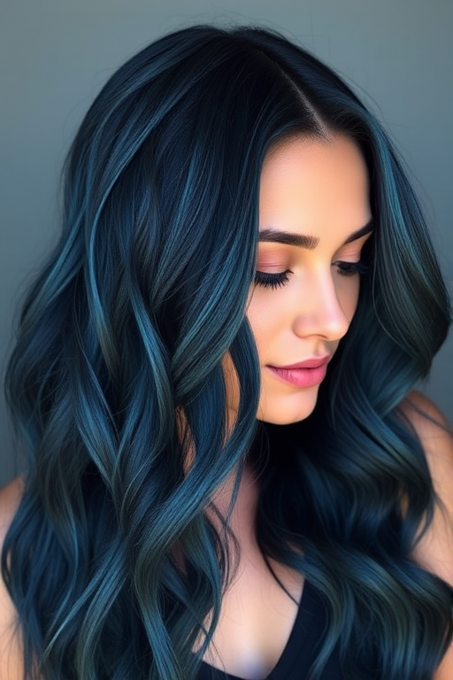 Midnight blue hair color styled in loose beach waves, Oceanic Dreams look, mimicking the depths of the sea with subtle navy and teal undertones