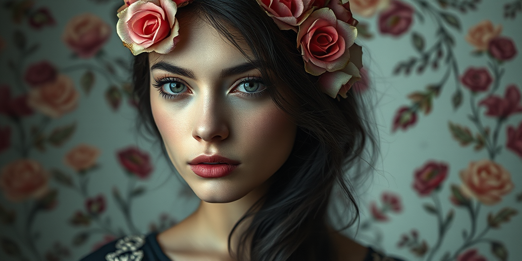 Create a highly detailed portrait of a melancholic woman with dark hair adorned with roses and intricate floral designs around her, using a Canon EOS R5, ISO 100, f/1.8 aperture, 50mm lens, soft natural lighting, and a shallow depth of field to enhance the image quality while capturing the ethereal mood.