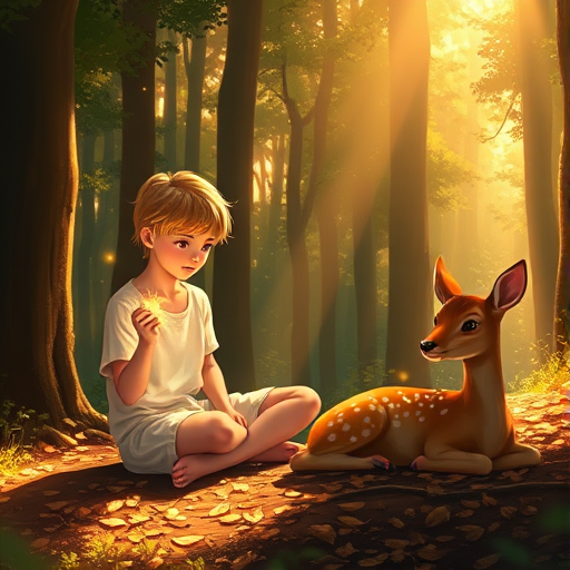 A luminous digital painting of a serene forest scene featuring a barefoot young male, about 7 years old, with Yellow hair and fair skin, dressed in a simple white outfit. He sits cross-legged on the forest floor, gazing at a small, glowing, magical firefly in his hand. Beside him, a delicate spotted deer lies calmly on a bed of dried leaves, observing the scene. The dense forest is bathed in warm, golden light filtering through the trees, creating a peaceful, magical atmosphere with a blend of natural and mystical elements.