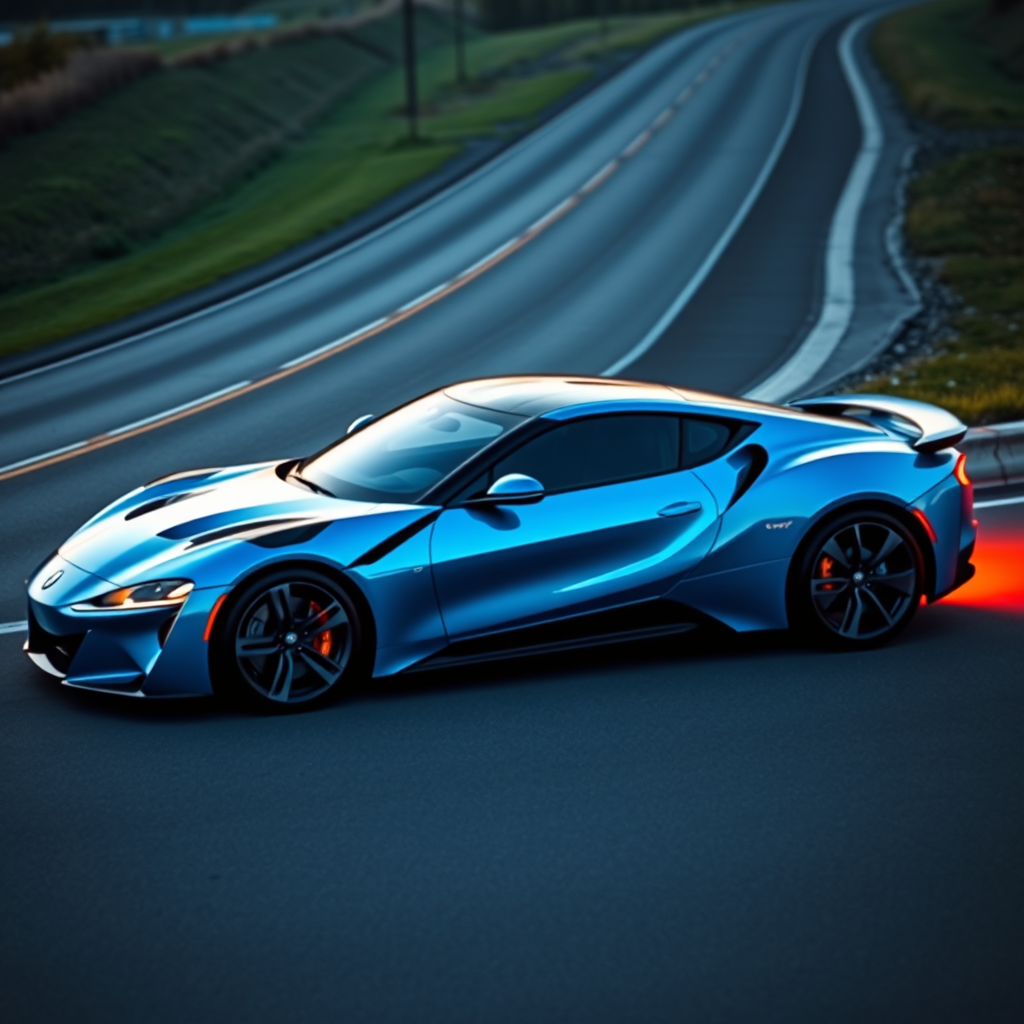 Generate an image of a luxury sports car parked on the side of a road during what appears to be dawn or dusk, given the soft light and shadows. The car should have a sleek design with aerodynamic features, a low-profile stance, and large, alloy wheels. It should display a contemporary color scheme, possibly a unique shade of blue that matches well with the ambient light in the setting. The vehicle's bodywork should gleam, reflecting the surrounding environment, and it should have distinctive lighting accents that enhance its sporty appearance. In the background, there should be a roadside with a grassy embankment on one side and possibly some trees or shrubbery along the edge of the pavement. The overall mood of the image should convey a sense of luxury, speed, and the tranquility of an early morning or late evening drive.