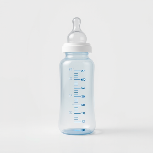 Create a high-resolution vector illustration of a baby bottle with clear measurement markings in blue, using a 50mm lens at f/2.8, ISO 100, in a studio setting with soft diffused lighting and a white background.
