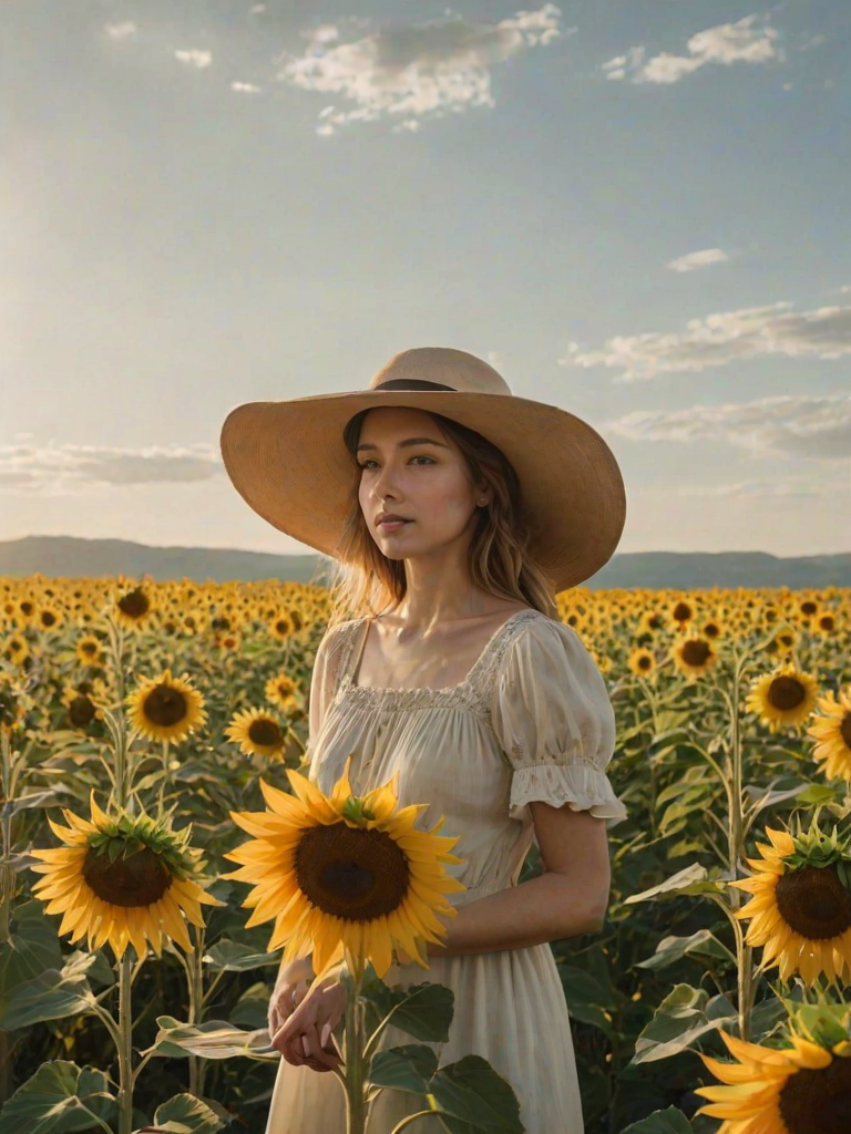Sunlit sunflower field, golden blooms towering over the landscape, a woman in a wide-brimmed hat stands among the flowers, her hand gently touching the petals as the wind rustles the stalks.