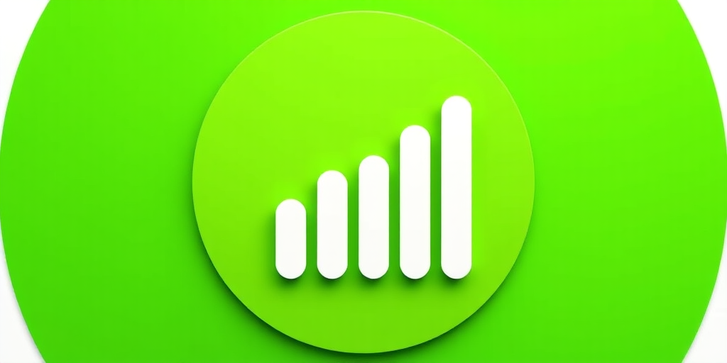 Create a simple and modern bar graph icon on a vibrant green circular background, use a high-resolution camera with f/2.8 aperture, ISO 100, and a 35mm lens from a front view to enhance image quality.