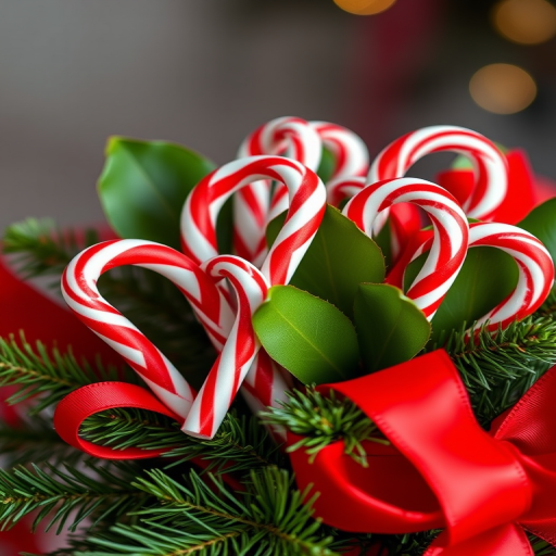 Create a high-resolution festive bouquet composed of candy canes, lush green leaves, and a vibrant red ribbon, captured with a DSLR camera at f/2.8 aperture, 50mm lens, ISO 100, soft lighting, and a shallow depth of field to enhance the details and colors.