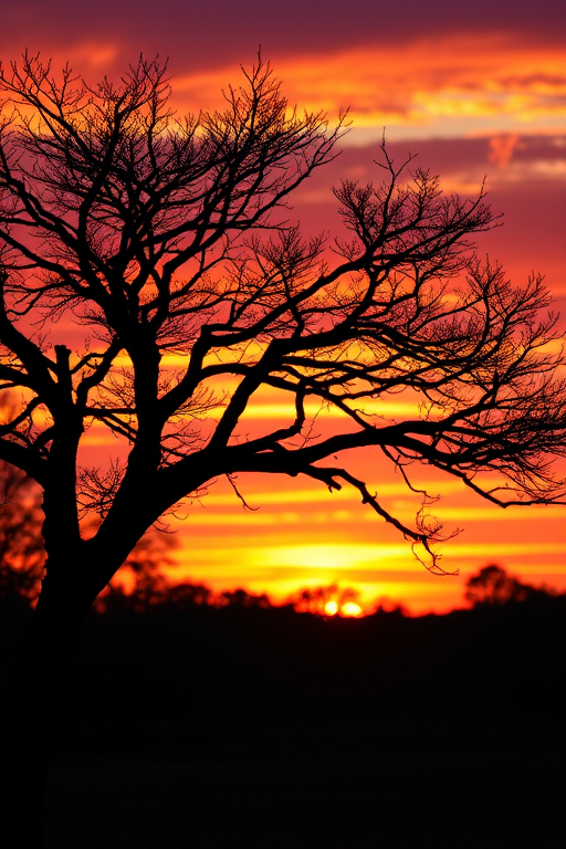 Create a high-resolution image of a stylized tree silhouette at sunset with vibrant orange and purple hues in the sky, using a DSLR camera at f/8 aperture, ISO 100, 1/100 sec shutter speed, shot from a low angle to capture the foreground and background detail, in landscape orientation.