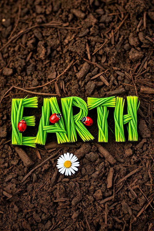 Create an artistic representation of the word "EARTH" using vibrant green grass texture for the letters, featuring small ladybugs and a daisy, set against a rich brown soil background, captured with a DSLR camera at f/2.8, ISO 100, 50mm lens, with a shallow depth of field to enhance detail and separation.
