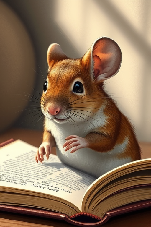 A detailed illustration of a brown mouse reading an open book, with soft shading in the background, captured with a Canon EOS R5, 50mm lens, f/1.8, ISO 200, natural lighting, to enhance colors and textures.