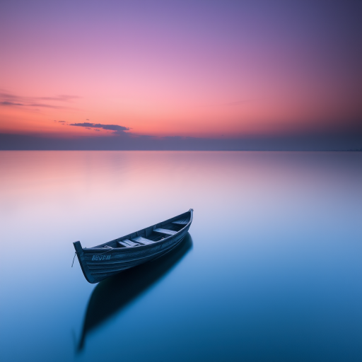 A tranquil landscape at dusk featuring a solitary wooden boat floating on calm water, soft blue and purple hues in the sky, with reflections on the water surface, captured with a full-frame DSLR camera, using a 35mm lens, aperture set to f/8 for depth of field, ISO 100 for clarity, and a slow shutter speed of 15 seconds to enhance the smoothness of the water surface.