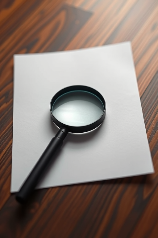 Create a high-resolution image of a magnifying glass over a blank piece of paper, using a Canon EOS R5 camera, 50mm lens, f/1.8 aperture, ISO 100, and a soft-focus background to enhance clarity and depth.