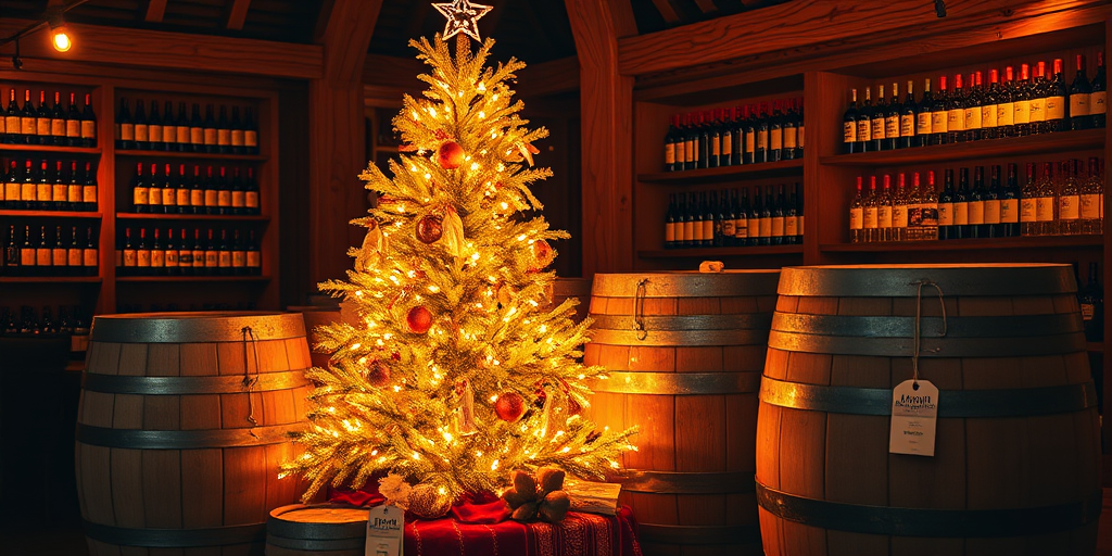 Create an image of a cozy rustic setting featuring a golden-orange Christmas tree adorned with soft glowing lights. The tree is placed next to two large wooden barrels, with a warm wooden interior background filled with wine bottles on shelves. The atmosphere should evoke a sense of warmth and festive cheer.