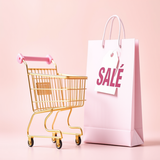 Generate an image of a gold shopping cart next to a stylish shopping bag with a sale tag, soft pastel background, with a depth of field effect, aperture f/2.8, ISO 100, 50mm lens, taken from a slightly elevated angle for a dynamic view.