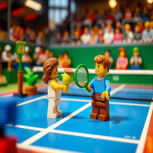 Create a playful scene featuring LEGO characters playing tennis on a vibrant court with a blurry crowd in the background, using a Canon EOS R5, 50mm lens, aperture f/1.8, ISO 200, and 1/500s shutter speed for enhanced image quality and depth of field.