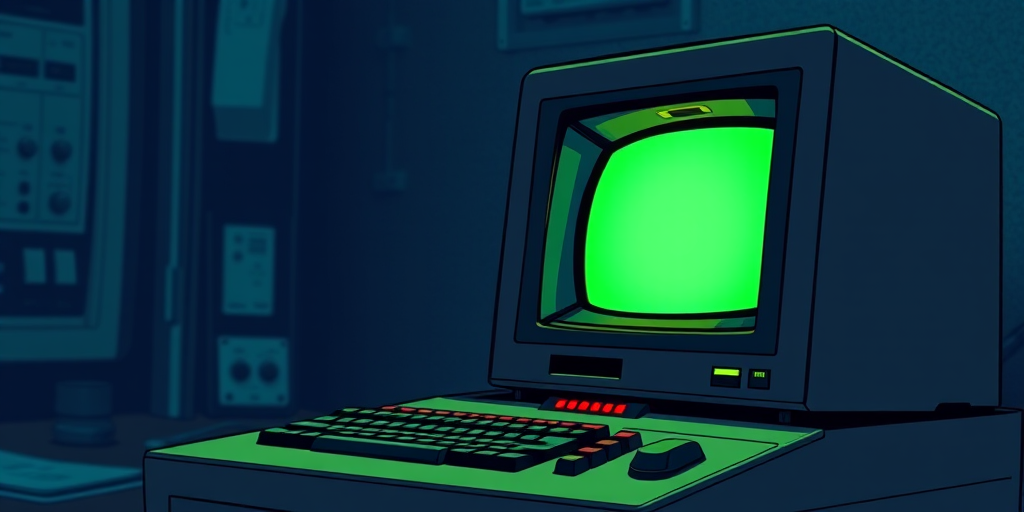 Create a highly detailed illustration of a retro computer terminal with a glowing green and black screen, featuring an angled view, using a DSLR camera with a 50mm lens, aperture set to f/1.8, ISO 100, and a shallow depth of field to enhance image quality.