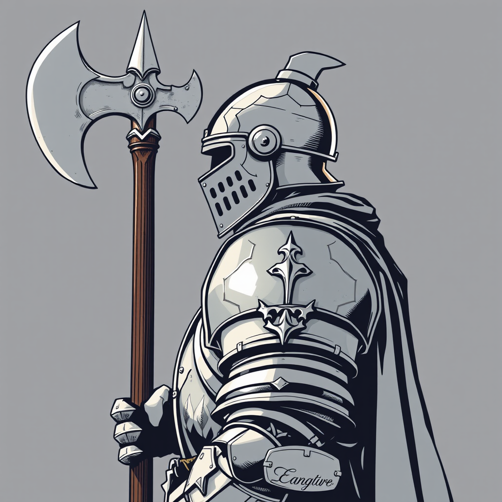 Create a high-resolution vector-style illustration of a medieval knight in profile, showcasing intricate armor details and a large axe, captured with a DSLR camera at f/8 aperture, ISO 100, 50mm lens, natural light, and a clean, sharp focus to enhance line quality and texture.