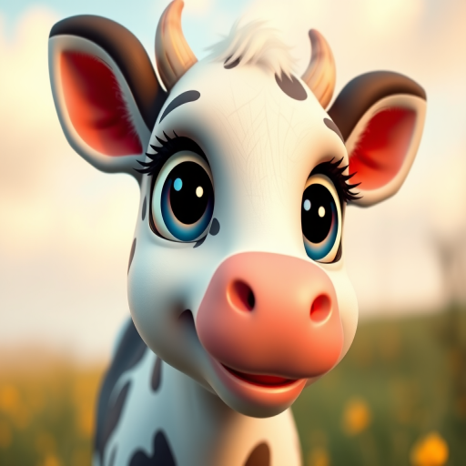 Create a cartoon-style image of a cute cow with big eyes and a cheerful expression, using a shallow depth of field, soft lighting, and vibrant colors; camera settings: ISO 100, aperture f/2.8, shutter speed 1/200s; camera view: frontal close-up, camera style: illustrative, camera type: digital.