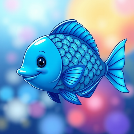 Create a vibrant illustration of a blue cartoon fish swimming gracefully, with detailed scales and flowing fins, using a soft focus to enhance the artistic quality, shot from a slightly above angle using a digital drawing tablet, with a resolution of 300 DPI and an aspect ratio of 16:9.