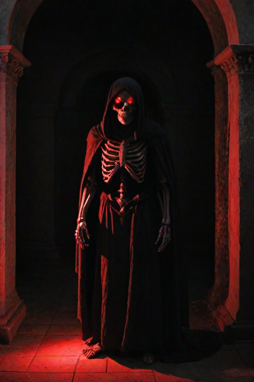 tomb, crypt, indoors, dark, shadows, skeleton, glowing red eyes, black tattered robe