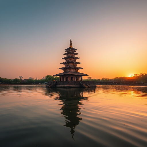 photograph of an ancient pagoda on water during golden hour, ISO 100, aperture f/8, shutter speed 1/200 sec, taken with a DSLR camera, wide-angle lens, natural light, soft focus for enhanced details