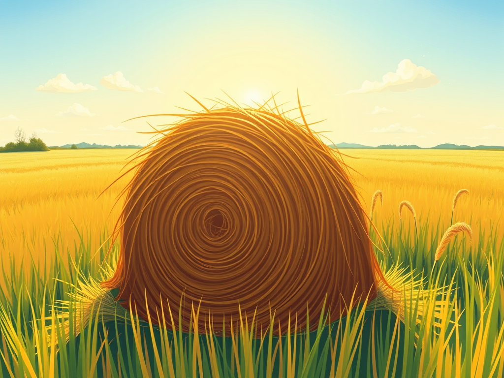 Create a vibrant illustration of a haystack in a sunny field, using a wide-angle lens, aperture f/8 for depth of field, 1/200s shutter speed, and a DSLR camera for high resolution and clarity.