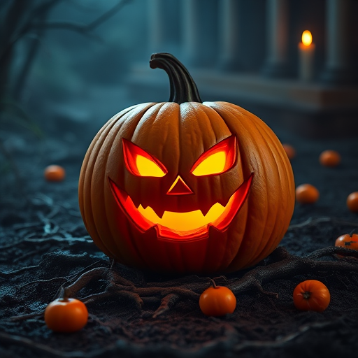 Create an image of a spooky Halloween pumpkin with a sinister grin illuminated from within sitting on a dark, muddy ground surrounded by twisted roots and small oranges scattered around, with a misty, eerie atmosphere and dim candlelight in the background.