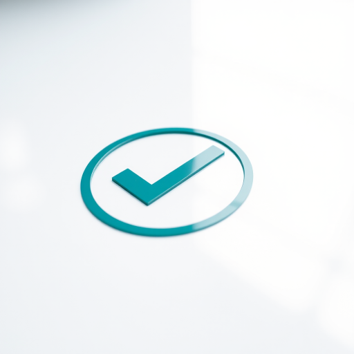 Create a high-resolution image of a circular teal checkmark symbol on a glossy surface, using a DSLR camera with a 50mm lens, aperture set to f/2.8, ISO 100, and a shallow depth of field, captured from a slightly elevated angle for a clean and modern look.