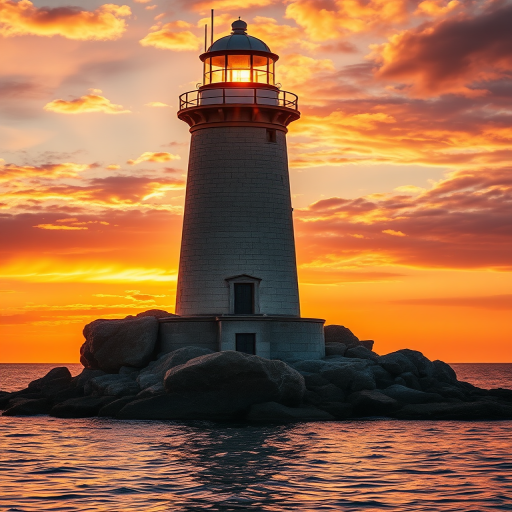 Generate an image of a tall lighthouse perched on a rocky outcrop surrounded by calm ocean waters during a breathtaking sunset. The lighthouse stands sturdy and weathered, its stone surface illuminated by the warm golden light of the setting sun. The sun's rays pass directly through the glass lantern room at the top of the lighthouse, casting a brilliant light across the scene. The sky is painted with vibrant shades of orange, pink, and purple, reflecting off the tranquil sea. The surrounding water shimmers with the same warm hues, creating a serene and majestic atmosphere.