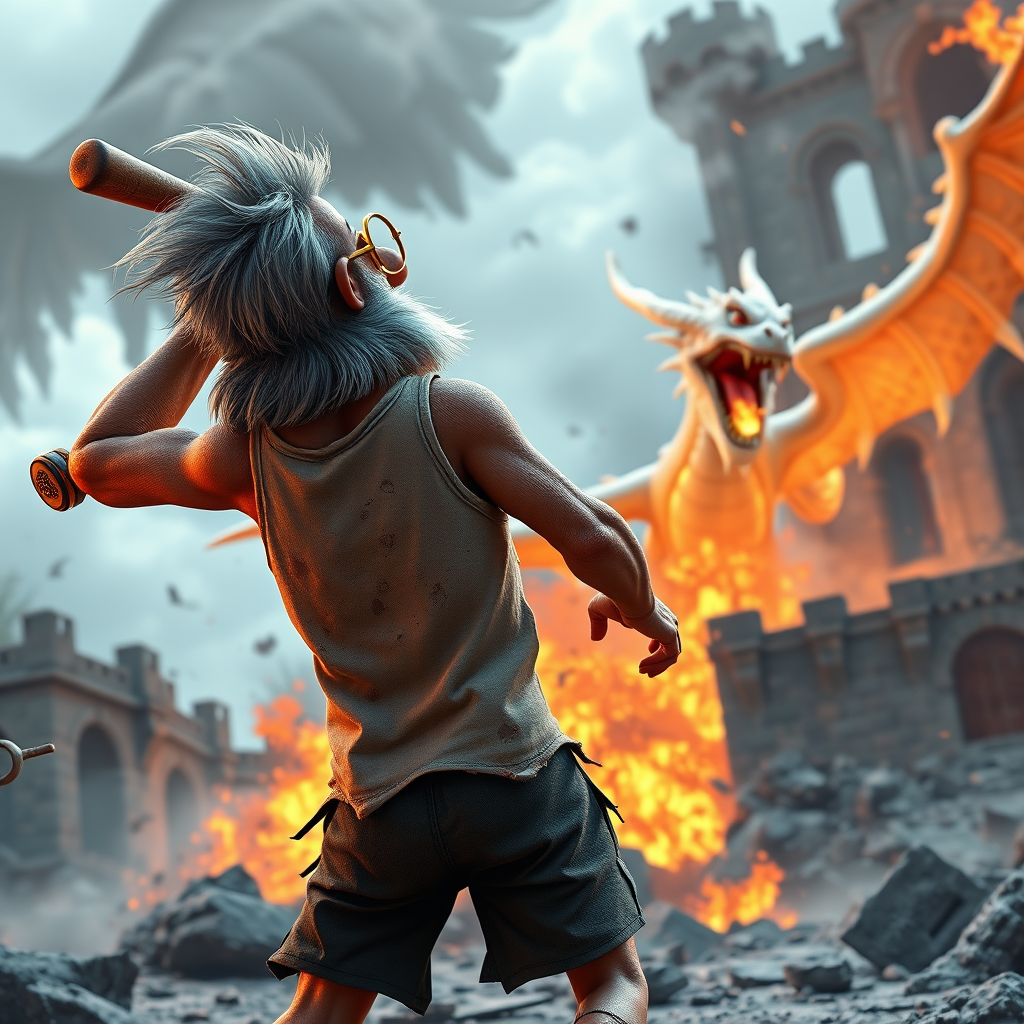Cartoon 3D High-Resolution,dynamic battle scene using Unreal Engine 5 and Octane Render. The scene features back of an elderly, thai man with a beard,messy hair and round golden-rimmed glasses. He is wearing a tattered tank top with soot marks, shorts, and sandals. sweating. he wields a baseball bat. He jump to fight with a white fire-breathing Europe dragon amidst a partially destroyed stone castle. Include intense flames, smoke, and debris to enhance the dramatic effect.
