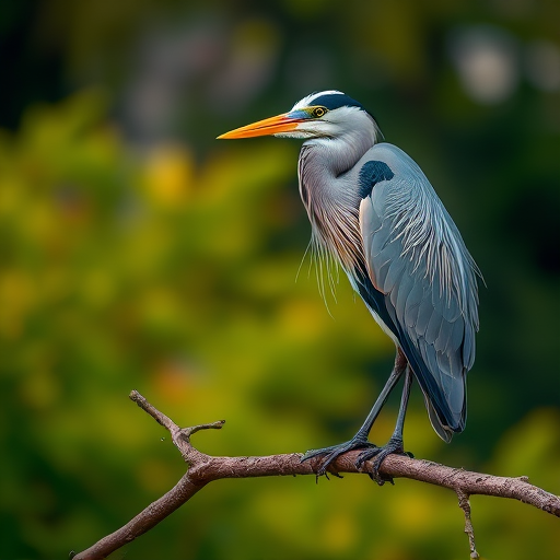 Capture a high-resolution image of a heron perched on a branch with a blurred background, using a DSLR camera set to f/5.6, 1/200s shutter speed, ISO 400, 200mm focal length, and natural lighting for enhanced detail and clarity.