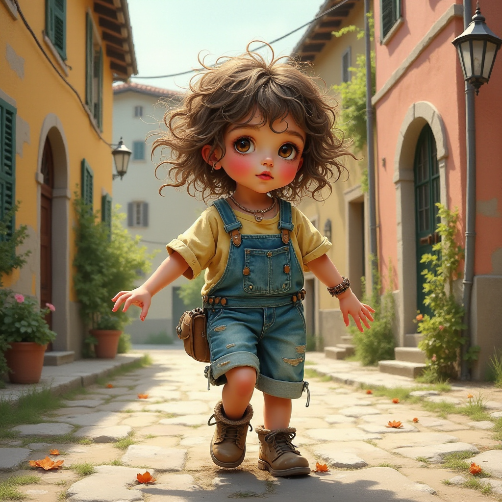 Whimsical little 3-year-old girl wearing scruffy tomboy clothes, boots, messy hair heavily blushed cheeks, pink lips, closely dancing in the street of an Italian village,Textured painterly fantasy artistic mixed media
