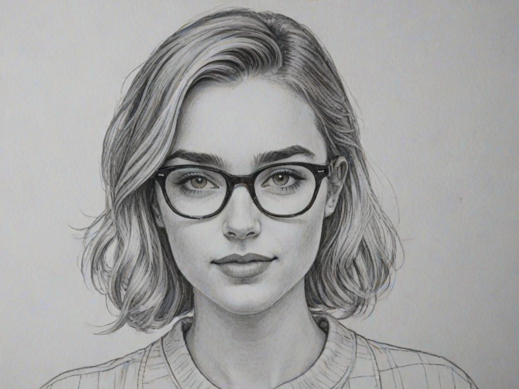 Resplendent Katelyn Tarver, pencil sketch, portrait of Sublime woman 1953s in glasses, hair style beatnik, outline, clear lines, fine lines, 8k