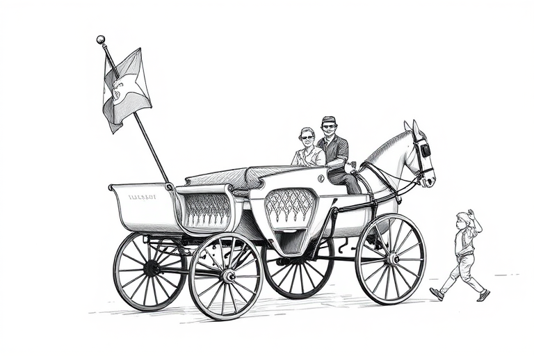 Create a detailed black and white sketch of a vintage horse-drawn carriage with a driver holding a flag, including two passengers in the carriage, and a small boy waving, captured with a Canon EOS R5, 50mm lens, f/8 aperture, ISO 100, and shallow depth of field for enhanced image quality.