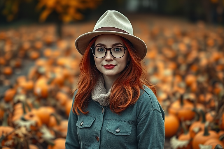 A woman with red hair wearing glasses and a beige hat standing in a pumpkin patch surrounded by autumn leaves, shot with a Canon EOS R5, 50mm lens, f/1.8 aperture, ISO 100, soft focus background for depth, warm tones, and natural lighting.