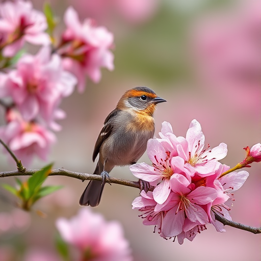 Photograph a serene bird perched on a branch among blooming pink flowers, with a shallow depth of field, using a Canon EOS R5, 85mm lens, aperture f/1.8, ISO 200, natural light, and a soft-focus background to enhance image quality.