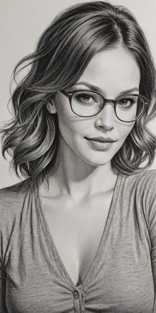 Magnificent Katharine McPhee, pencil sketch, portrait of Gorgeous woman 1952s in glasses, hair style beatnik, outline, clear lines, fine lines, 8k