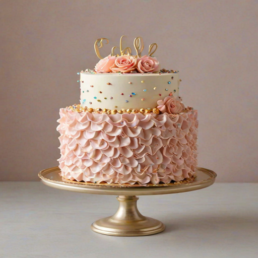 Create an image of a beautifully decorated cake. The cake should have a smooth, light beige frosting on the sides and a decorative top with intricate ruffles. The base of the cake should be adorned with a variety of colorful sprinkles, edible pearls, and confetti-like decorations in pastel colors, including pink, gold, and silver. The cake should be presented on a simple, elegant cake stand against a neutral background.