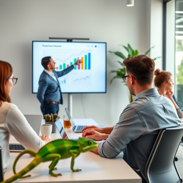 a modern office meeting scene with a presenter pointing at a chart on a screen, two participants working on laptops at a desk, a green chameleon nearby, bright and colorful style, shot with a DSLR camera at f/2.8 aperture, ISO 100, 50mm lens, natural light, vibrant colors and soft background focus