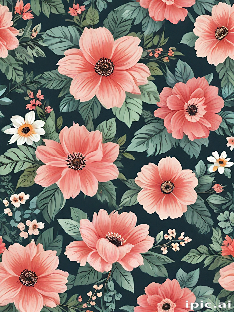 Vibrant Floral Pattern Featuring Lush Blooms and Green Foliage on Dark ...