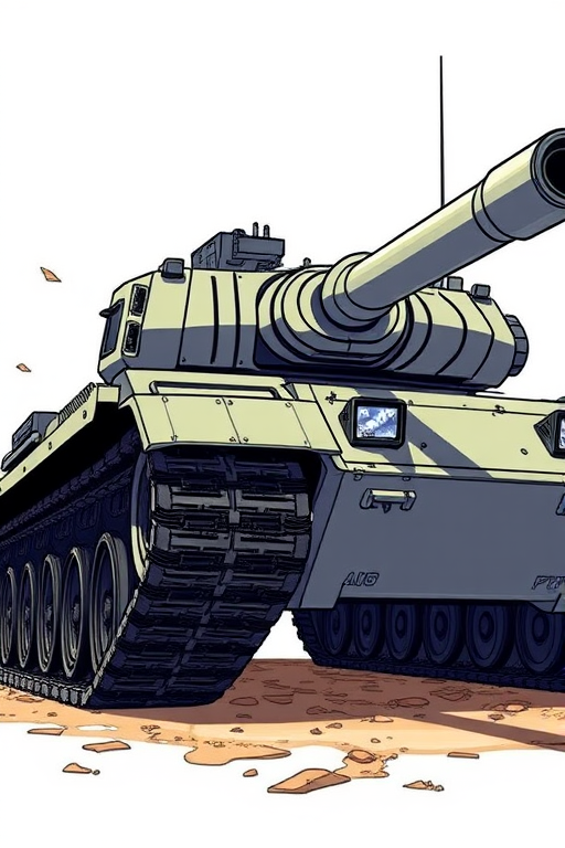 Create a highly detailed illustration of a modern tank in a dynamic pose, captured at a low angle with a wide lens, using vibrant colors and sharp lines, in a digital art style, set at 24mm, f/8, ISO 100 for clarity and depth.